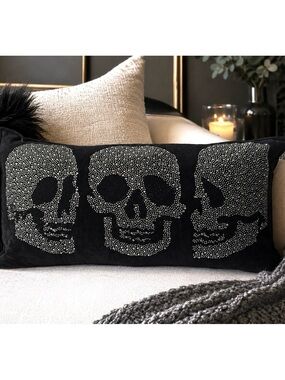 Magaschoni Rhinestone 3 Skulls Velvet Lumbar Pillow – Down Filled